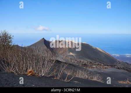 La Palma Tajogaite-Vulkan Tajogaite-Vulkan auf La Palma. Der Tajogaite-Vulkan entstand durch einen schnellen dreimonatigen Vulkanausbruch von September bis Dezember 2021. Durch den Vulkanausbruch wurde eine große Zahl von Haeusern in Doerfern und Siedlungen der Gemeinden El Paso, Los Llanos de Aridane und Tazacorte zerstoert und weite Teile landwirtschaftlich genutzter Flaeche mit Lava und Asche bedeckt. Mittlerweile darf in einem Teil der Gegend um den Vulkan in Begleitung von Orts- und fachkundiger Leitung wieder gewandert werden, wenn die Gaskonzentration in der Gegend gering ist. Im Bild: Verb Stockfoto