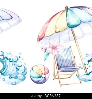 Hintergrundtapete mit nahtlosem Muster für den Sommer mit farbenfrohen Sonnenschirmen, Wellen, Liegestühlen und festlichen Elementen für Urlaubs-Vibes Stock Vektor