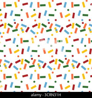 Ein nahtloses, lustiges und farbenfrohes geometrisches Muster mit kleinen Kreisen und kurzen rechteckigen Streuseln in Rot, Blau, Grün und Gelb auf einem sauberen weiß Stock Vektor