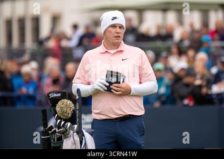 Carnoustie, Schottland. Oktober 2025. Schottlands Robert MacIntyre vor der ersten Runde der Alfred Dunhill Links Championship. Quelle: Tim Gray/Alamy Live News Stockfoto