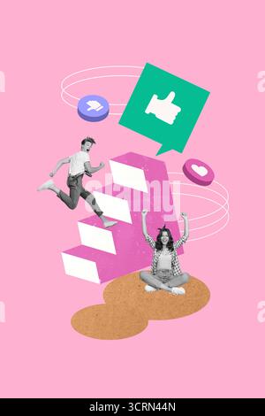 Kreative Composite Trend Artwork Collage von jungen Mann laufen Leiter Daumen feine Nachricht Dame sitzen abonnieren Benachrichtigung wie Repost Influencer Stockfoto