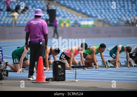Neu-Delhi, Indien. Oktober 2025. Takeru Matsumoto (JPN) Leichtathletik: 100 m T36-Qualifikation der Männer im Jawaharlal nehru Stadium während der Para-Leichtathletik-Weltmeisterschaft 2025 in Neu-delhi, Indien am 2. Oktober 2025. Quelle: Unabhängige Fotoagentur/Alamy Live News Stockfoto