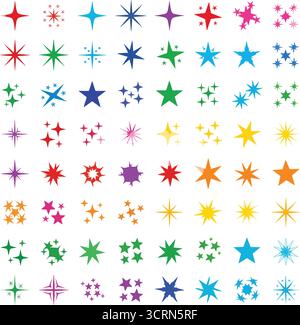 Farbsterne Set Icons - Sparkle Star Shapes Kollektion mit handgezeichneter Bling Dekoration Stock Vektor