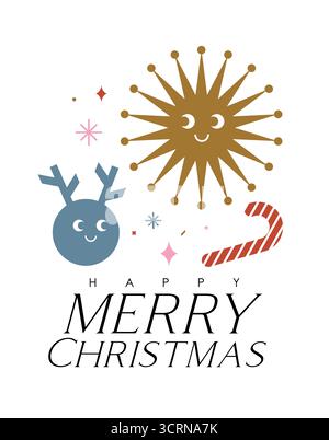 Weihnachtsposter mit Zeichentrickfilm Hirsch-Sonnenbonbons-Zeichnung in niedlichem lächelndem Stil auf weißem Hintergrund Stock Vektor