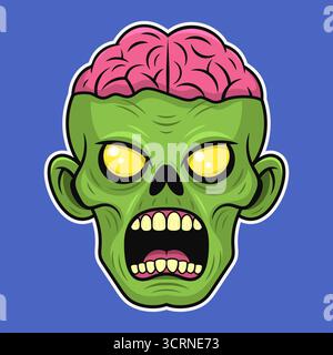 Comic-Zombiekopf mit offenliegendem rosa Gehirn, gelb leuchtenden Augen und schreiendem Mund. Grünes, gruseliges Gesicht mit detaillierten Zähnen und auffälliger Kontur Stock Vektor