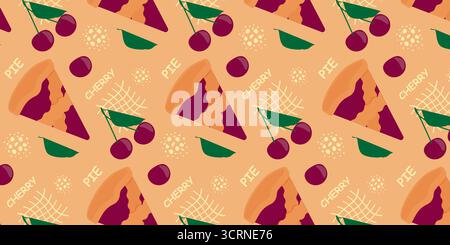 Nahtloses Vektor-Muster mit Kuchen und Kirschen, köstliches rundes Dessert. Draufsicht des Kreisdiagramms. Stock Vektor