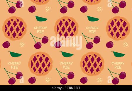 Nahtloses Vektor-Muster mit Kuchen und Kirschen, köstliches rundes Dessert. Draufsicht des Kreisdiagramms. Stock Vektor