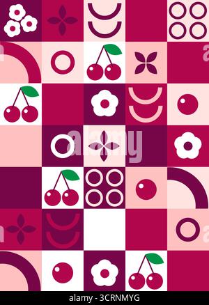 Moderner geometrischer Hintergrund. Abstrakte Natur Blumen, Blätter und Früchte, Früchte. Set von Symbolen in flachem geometrischem minimalistischem Stil. Bauhaus, Botanik. Meer Stock Vektor