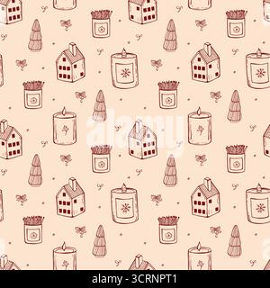 Wunderbares nahtloses Weihnachtsmuster mit Kerze und weihnachtsbaum in roter Farbe. Vektorlineares handgezeichnetes Geschenkpapier Stock Vektor