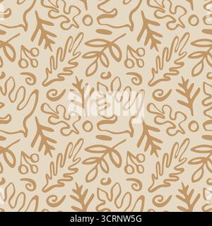 Abstraktes, ästhetisches, grooviges nahtloses florales Wintervektormuster. Handgezeichnet in Beige- und Cremefarben. Stock Vektor