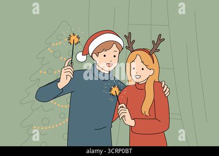 Ein fröhliches, festliches Paar, das die Weihnachtsfeiertage feiert und dabei Glitzer hält Stock Vektor