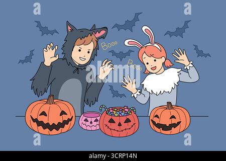 Kinder in farbenfrohen Halloween-Kostümen genießen Spaß mit Kürbissen und vielen Süßigkeiten Stock Vektor