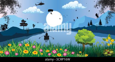 Abenteuer Natur Landschaft mit Bergen, See, Boot und Fallschirm Stock Vektor