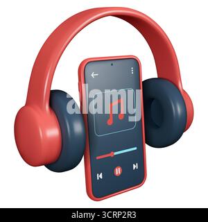 Rote Kopfhörer mit einem Smartphone, das eine Musik-Player-Schnittstelle anzeigt, mit Bedienelementen für Wiedergabe, Pause und Überspringen. Perfekt für Musik- und Audiothemen Stock Vektor