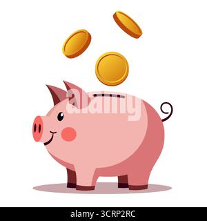 Schweinebank mit fallenden goldenen Münzen. Konzept des Sparens und der Akkumulation von Finanzen. Vektorabbildung. Stock Vektor