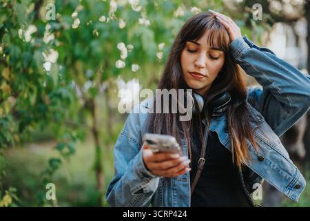 Junge Frau in Jeansjacke, die an einem sonnigen Tag draußen telefoniert Stockfoto