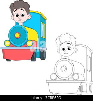 Farbenfrohe Zeichentrickfigur mit einem Jungen Gesicht, gestaltet als verspielter Aufkleber für Kinder Stock Vektor