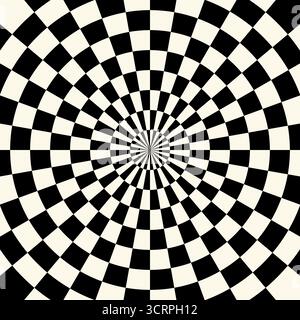 Hypnotischer geometrischer Hintergrund mit konzentrischem spiralförmigem Schachbrettdesign. Schwarz-weiße Quadrate, die einen auffälligen optischen Illusionseffekt erzeugen, moderne Gros Stock Vektor