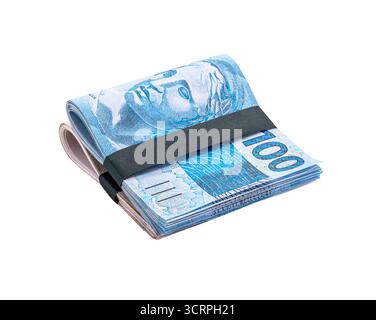 Banknoten von 100 und 50 Reais, Geldpaket, kommen und fünfzig brasilianische Reais, isolierter weißer Hintergrund Stockfoto