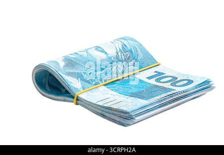 Banknoten von 100 und 50 Reais, Geldpaket, kommen und fünfzig brasilianische Reais, isolierter weißer Hintergrund Stockfoto