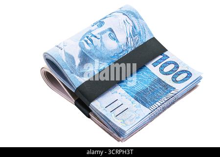 Banknoten von 100 und 50 Reais, Geldpaket, kommen und fünfzig brasilianische Reais, isolierter weißer Hintergrund Stockfoto