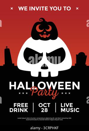 Dunkles Halloween-Partyposter mit einem weißen Schädel mit geschnitztem Kürbis auf rotem Hintergrund, geeignet für Partyeinladungen. Stock Vektor