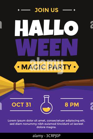 Halloween-Party-Poster mit Besen- und Trank-Grafiken auf schwarzem und lila Hintergrund, ideal für Partyeinladungen und saisonale Aktionen. Stock Vektor