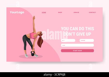 Eine Fitness-Frau dehnt sich seitlich, während sie eine Kettlebell hält und zeigt Kraft und Entschlossenheit in einer hellen, motivierenden Umgebung. Stock Vektor