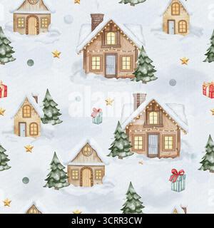 Nahtloses Weihnachtsmuster in Aquarellfarben mit gemütlichen, schneebedeckten Häusern, dekorierten Tannen, goldenen Sternen und Weihnachtsgeschenken auf einem schneebedeckten Hintergrund Stockfoto