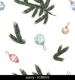Nahtloses Aquarellmuster mit Tannenzweigen und Weihnachtsbaumkugeln in Rot, Blau und Grün. Winterfeiertage-Ornament auf weißem Hintergrund für Neujahrsdekor Stockfoto