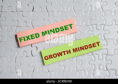 Konzept von festem Mindset oder Growth Mindset Schreiben Sie auf Haftnotizen, die auf Holztisch isoliert sind. Stockfoto