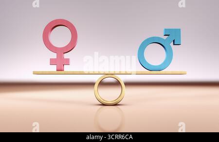 Geschlechtergleichheit und Geschlechterparität konzeptionelles Bild mit männlichen und weiblichen Ikonen im Gleichgewicht auf einer Wippenskala 3D-Illustration. Stockfoto