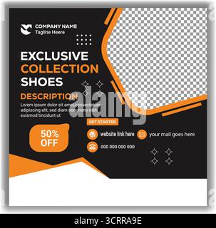 Editierbare Schuh-Werbevorlage professionelles Orange und Schwarz Moderne Schuhe Verkauf Social Media Banner Design Stock Vektor