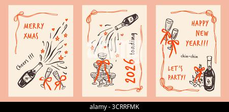 Set aus fröhlichen und fröhlichen Grußkarten, vertikalen rechteckigen Postern, rosa und roten, skurrilen Schleifenbänder. Kohle Stock Vektor