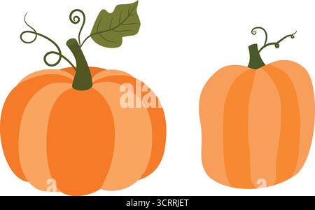 Orangefarbene Herbstkürbisse mit grünen Stielen, Vektorgrafiken für Thanksgiving- und Halloween-Designs Stock Vektor