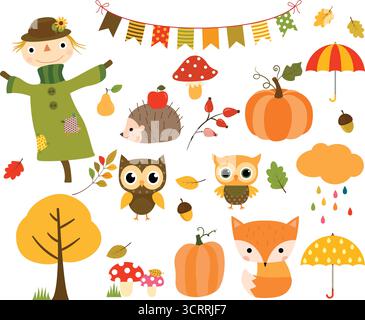 Vektorsammlung von Herbstelementen und Waldtieren. Das Set enthält Herbstfahnen, Vogelscheuche, Kürbisse und Wolken mit Regentropfen und Regenschirmen. Stock Vektor