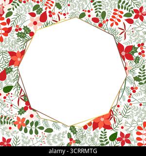 Weihnachtlicher Hintergrund mit geometrischem Kranz mit Weihnachtsstern, Kiefernzweigen und stechpalme in roten und grünen Farben Stockfoto