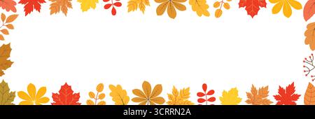 Horizontaler Herbsthintergrund mit bunten Herbstblättern in Rot, Orange Gelb und Braun für Banner, Rahmen oder Produktdesign Stockfoto