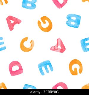 Nahtloses Zeichentrickmuster. Niedliche Kinder-Vektor-Illustration mit Aquarellbuchstaben Stock Vektor