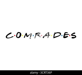 Ein humorvolles Bild mit dem Wort „KAMERADEN“ im Stil des ikonischen „FRIENDS“-TV-Show-Logos, mit bunten Punkten und einer verspielten Note Stock Vektor
