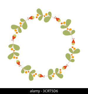 Ein Frühlingskranz mit grünen Blättern und Orangenbeeren. Eine runde Postkartenschablone mit Vintage-Elementen Stock Vektor