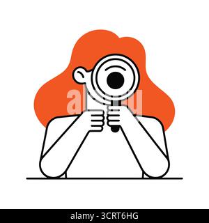 Frau, Die Lupe Hält, Untersucht, Untersucht, Sucht, Erforscht Illustration Stock Vektor