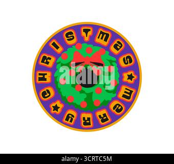 Aufkleber oder Etikett für Weihnachtskranz Y2K funky. Winterfeiertag grooviger Y2K-Tag, weihnachtliche festliche Vektoraufkleber. Festliches Neujahrslabel aus den 60er Jahren mit roter Schleife auf Weihnachtskranz und flippiger Typografie Stock Vektor