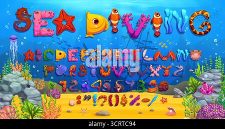 Unterwasser-Schriftart, Zeichentrick-Typ, lustige Meereszeichen Schriftart, englisches Alphabet. Vektorverspieltes Marine abc mit Meeresbewohnern und Elementen, die Buchstaben, Zahlen und Symbole bilden Stock Vektor