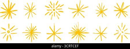Gelber Buntstift, handgezeichnete Sterne und funkelnde Kerne gesetzt. Goldener Rough Pinselstrich Glanzelement Pack für Collage, Poster, Aufkleber, Etikett. Goldene Doodle Sparks Kollektion. Skizzierte Bleistift-Sternchen. Vektor Stock Vektor