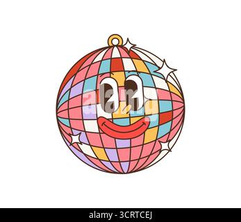 Cartoon grooviges Weihnachts-Retro-Disco-Ball-Maskottchen. Fröhliches Weihnachtsgesicht, regenbogenfarbene Spiegelfliesen und funkelnde Sterne für eine lustige Weihnachtsfeier. Vektor-festliche Globus-Persönlichkeit mit farbigen Facetten Stock Vektor