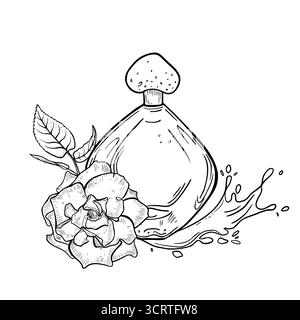 Handgezeichnete Parfümflasche mit Rose und Wasserspritzern in Line Art isolierter Hintergrund. Schwarze weiße Vektorillustration für feminine Geschenkverpackung Stock Vektor