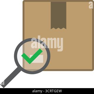 Diese Vektorabbildung zeigt eine Lupe, die ein Lieferpaket validiert und somit die Qualitätskontrolle und die erfolgreiche Versandkontrolle symbolisiert Stock Vektor