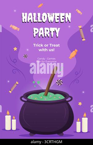 Halloween-Party-Poster mit Hexenkessel, Süßigkeiten, Kerzen. Einladungen zu Veranstaltungen, Partyflyer und saisonale Dekoration. Stock Vektor