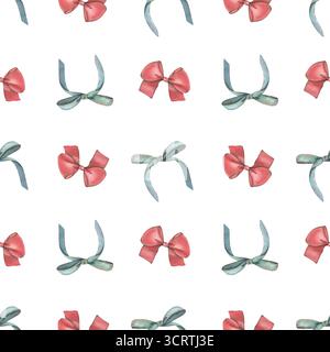 Nahtloses Muster mit blauen und roten Schleifen. Handgemalte Aquarellillustration isoliert auf weißem Hintergrund für den Druck auf Textil, Tapeten Stockfoto